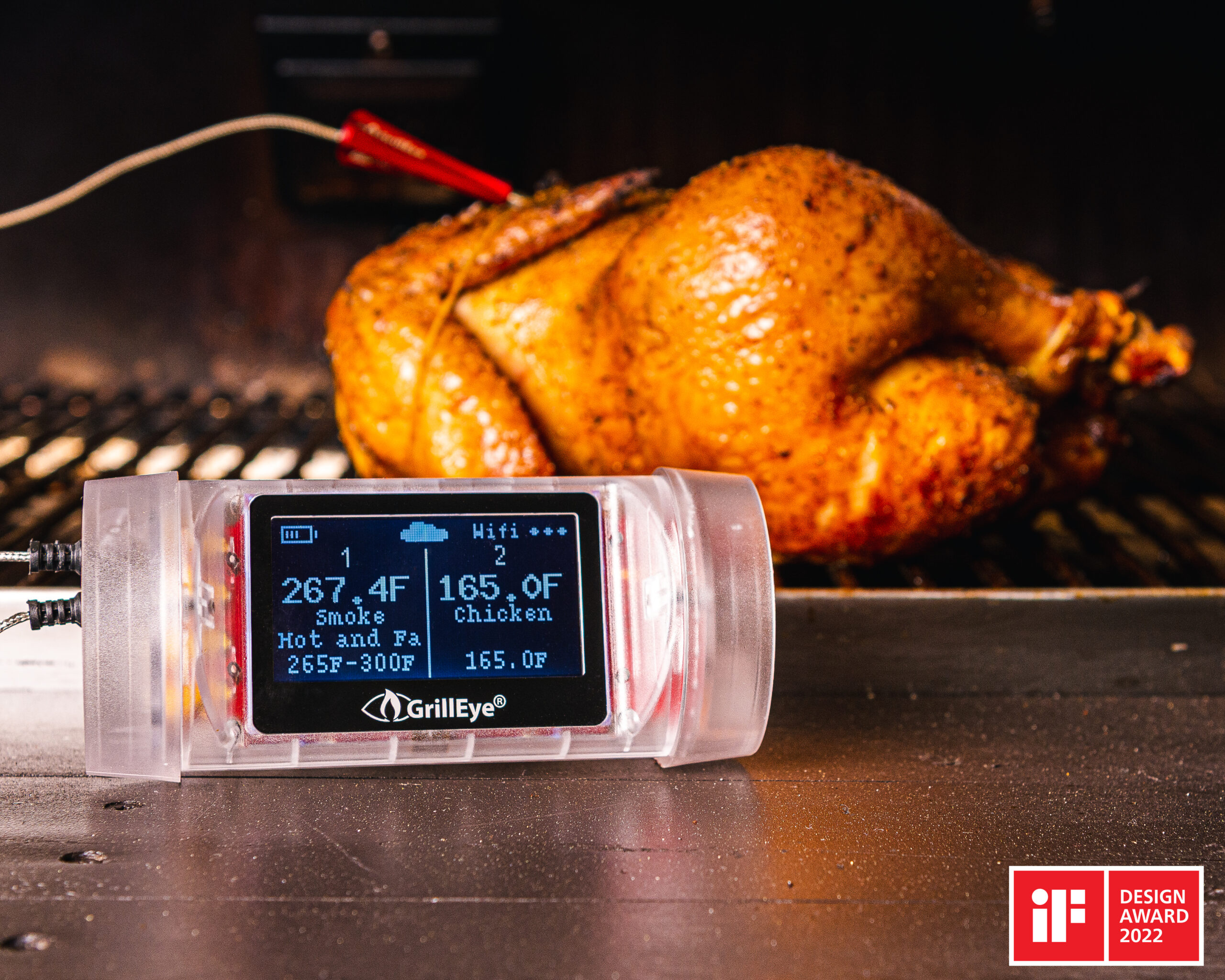 Grilleye steketermometer trådløst i bruk med en hel kylling